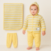 Unisex Baby Hooded Outfit with Blanket – 3-Piece Striped Cotton Set